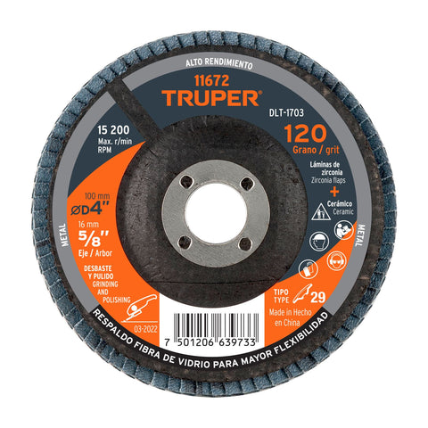 Disco laminado 4', grano 120 centro 5/8', fibra, TRUPER | DLT-1703 | 11672
