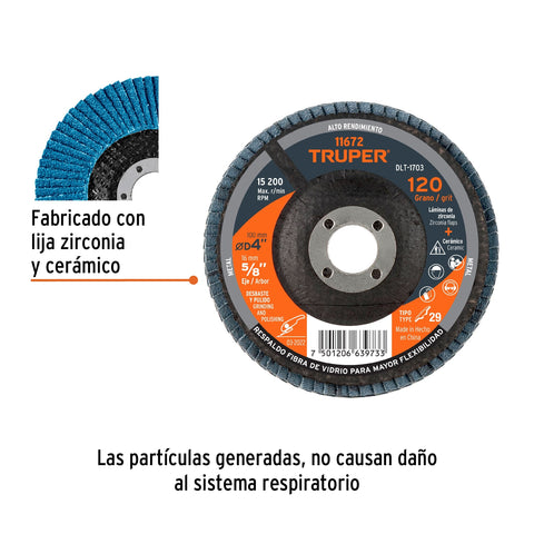 Disco laminado 4', grano 120 centro 5/8', fibra, TRUPER | DLT-1703 | 11672