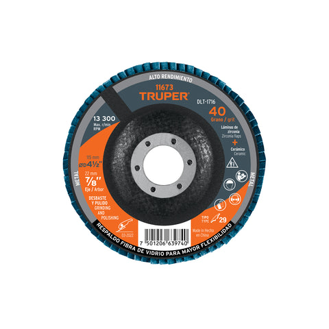 Disco laminado 4-1/2', grano 40 centro 7/8', fibra, TRUPER | DLT-1716 | 11673
