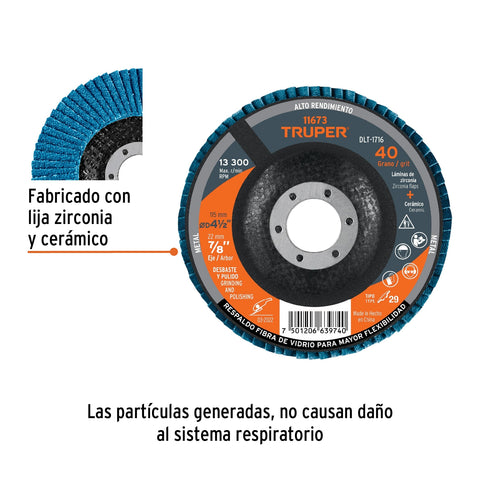 Disco laminado 4-1/2', grano 40 centro 7/8', fibra, TRUPER | DLT-1716 | 11673
