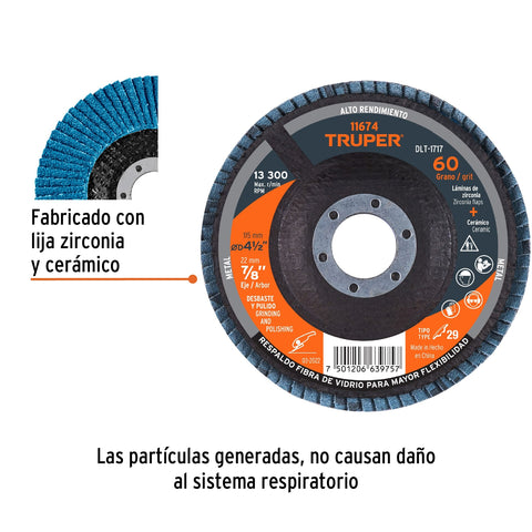 Disco laminado 4-1/2', grano 60 centro 7/8', fibra, TRUPER | DLT-1717 | 11674