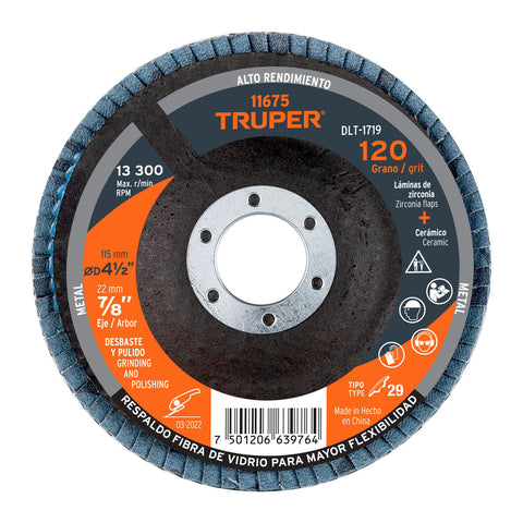 Disco laminado 4-1/2', grano 120 centro 7/8', fibra, TRUPER | DLT-1719 | 11675