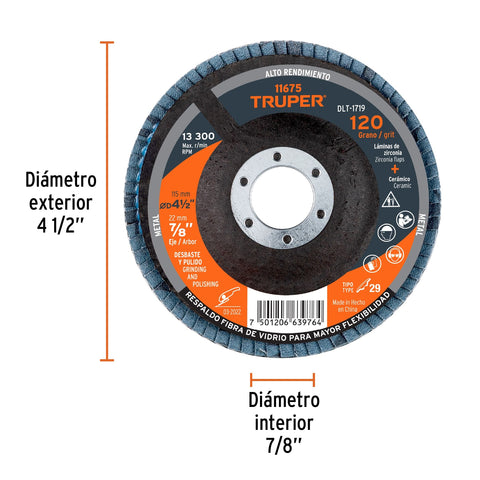Disco laminado 4-1/2', grano 120 centro 7/8', fibra, TRUPER | DLT-1719 | 11675