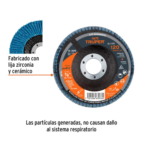Disco laminado 4-1/2', grano 120 centro 7/8', fibra, TRUPER | DLT-1719 | 11675