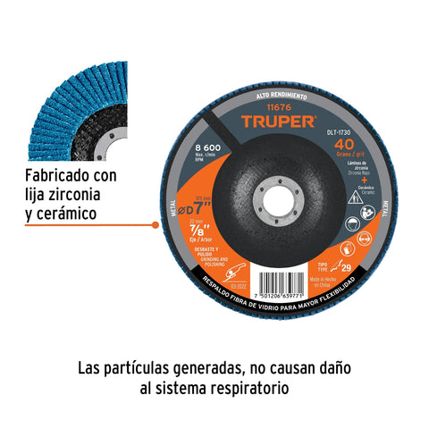 Disco laminado 7', grano 40 centro 7/8', fibra, TRUPER | DLT-1730 | 11676