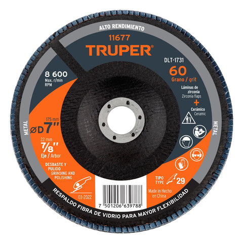 Disco laminado 7', grano 60 centro 7/8', fibra, TRUPER | DLT-1731 | 11677