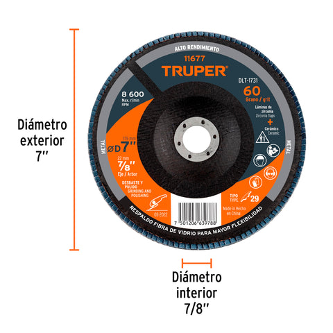 Disco laminado 7', grano 60 centro 7/8', fibra, TRUPER | DLT-1731 | 11677