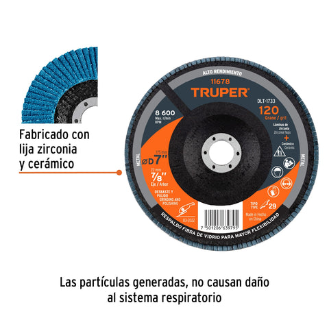 Disco laminado 7', grano 120 centro 7/8', fibra, TRUPER | DLT-1733 | 11678
