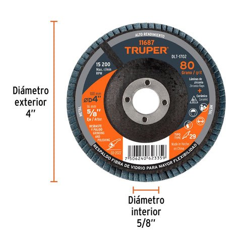 Disco laminado 4', grano 80 centro 5/8', fibra, TRUPER | DLT-1702 | 11687