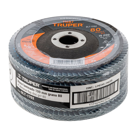 Disco laminado 4', grano 80 centro 5/8', fibra, TRUPER | DLT-1702 | 11687