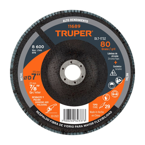 Disco laminado 7', grano 80 centro 7/8', fibra, TRUPER | DLT-1732 | 11689