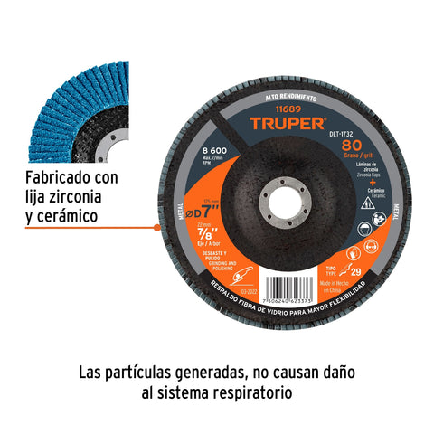 Disco laminado 7', grano 80 centro 7/8', fibra, TRUPER | DLT-1732 | 11689
