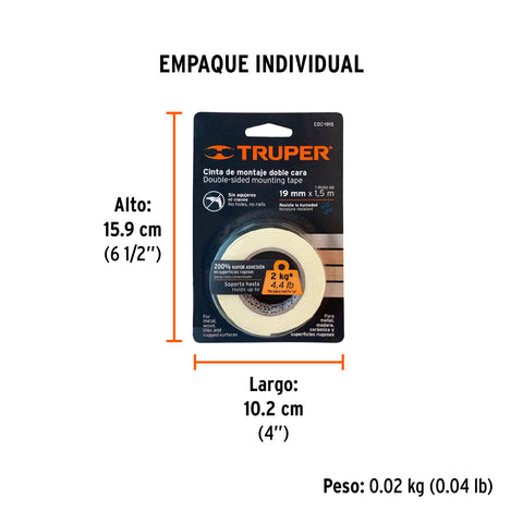 Cinta doble cara de 19 mm x 1.5 m, Truper | CDC-1915 | 11724