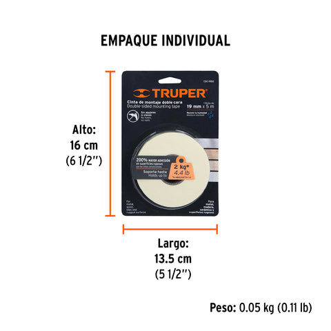 Cinta doble cara de 19 mm x 5 m, Truper | CDC-1950 | 11725