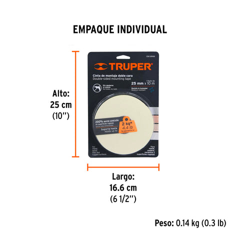 Cinta doble cara de 25 mm x 10 m, Truper | CDC-25100 | 11728