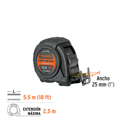 Flexómetro contra impactos 5.5 m, Cinta Negra 25 mm, Truper | FCN-55M | 11745