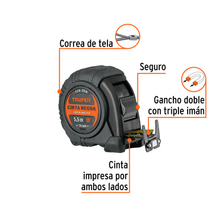 Flexómetro contra impactos 5.5 m, Cinta Negra 25 mm, Truper | FCN-55M | 11745