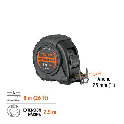 Flexómetro contra impactos 8 m, Cinta Negra 25 mm, Truper | FCN-8M | 11747