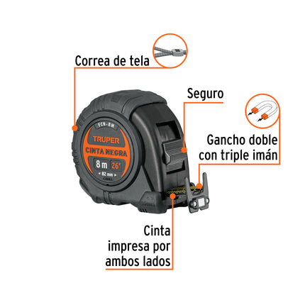 Flexómetro contra impactos 8 m, Cinta Negra 25 mm, Truper | FCN-8M | 11747