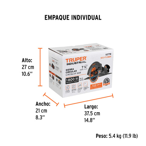 Sierra circular 7-1/4', 1800W, TRUPER INDUSTRIAL | SICI-7-1/4N4 | 11779