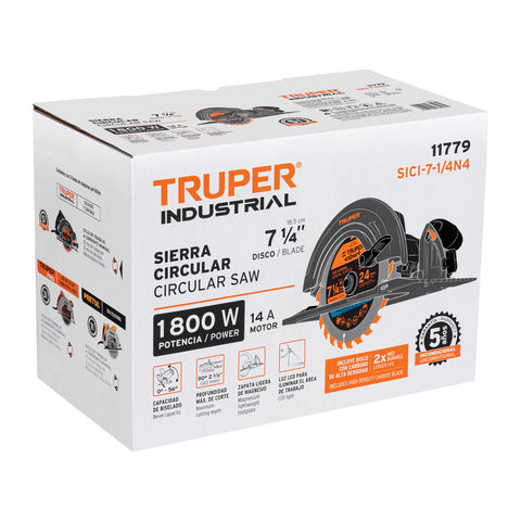 Sierra circular 7-1/4', 1800W, TRUPER INDUSTRIAL | SICI-7-1/4N4 | 11779