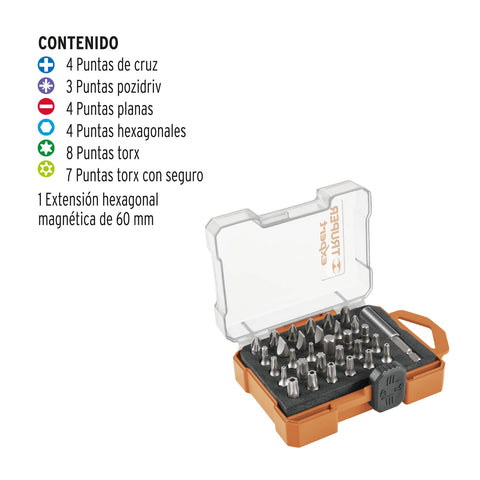 Juego de 31 puntas mixtas largo 1' estuche plástico, Expert | PUN-31X | 11887