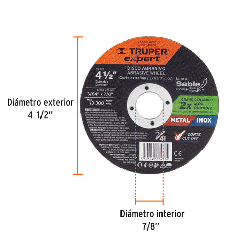 Disco Tipo 41 de 4-1/2' x 1.2 mm corte fino de metal, Expert | DICOF-4512X | 11901
