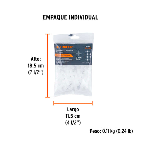 Bolsa con 75 separadores de 8 mm de losetas, TRUPER | SELO-80 | 11940
