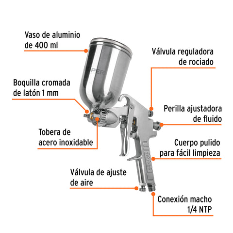 Pistola para pintar LVMP vaso aluminio, 1 mm, TRUPER | PIPI-411 | 11989