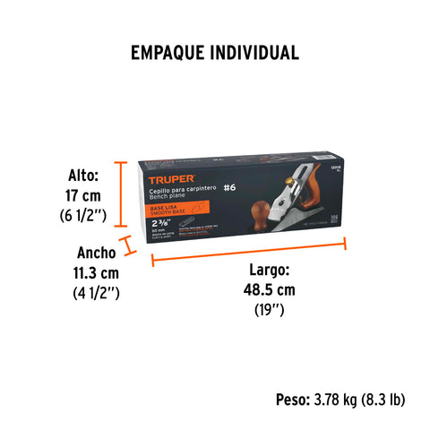 Cepillo para carpintero #6 base lisa, Truper | 6L | 12018