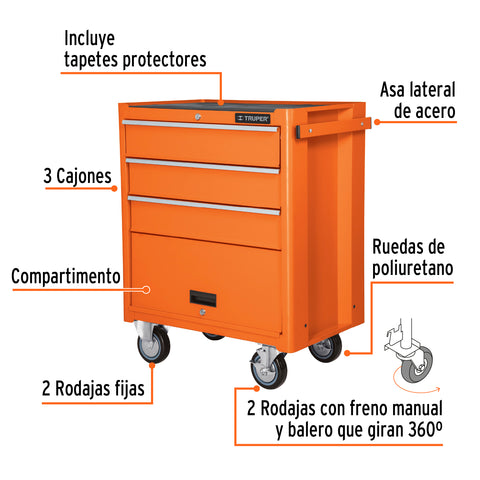 Gabinete metálico móvil, 4 cajones, capacidad 90 kg, Truper | GAMO-4090 | 12066