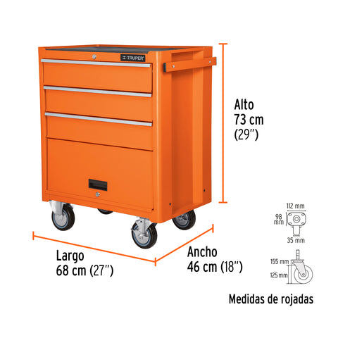 Gabinete metálico móvil, 4 cajones, capacidad 90 kg, Truper | GAMO-4090 | 12066