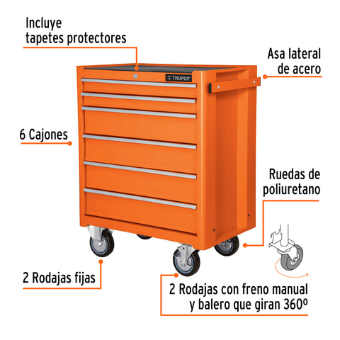 Gabinete metálico móvil, 6 cajones, capacidad 130 kg, Truper | GAMO-6130 | 12067