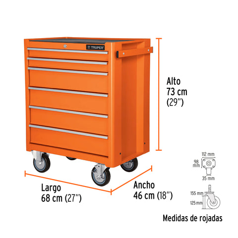 Gabinete metálico móvil, 6 cajones, capacidad 130 kg, Truper | GAMO-6130 | 12067