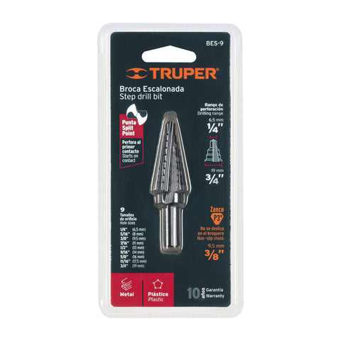 Broca escalonada óxido negro 9 escalones 1/4' a 3/4', Truper | BES-9 | 12123
