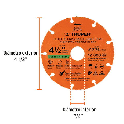 Disco 4-1/2' multimaterial de carburo de tungsteno, TRUPER | DITU-45 | 12134