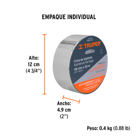 Cinta de aluminio de 48 mm x 30 m, Truper | CALU-30 | 12135