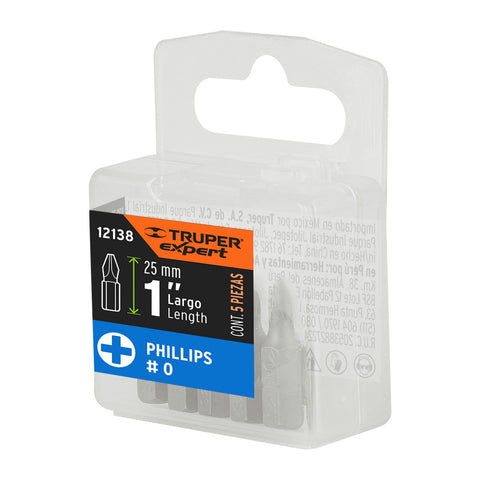 Estuche con 5 puntas de cruz PH0 largo 1', Truper Expert | PUDE-1100 | 12138