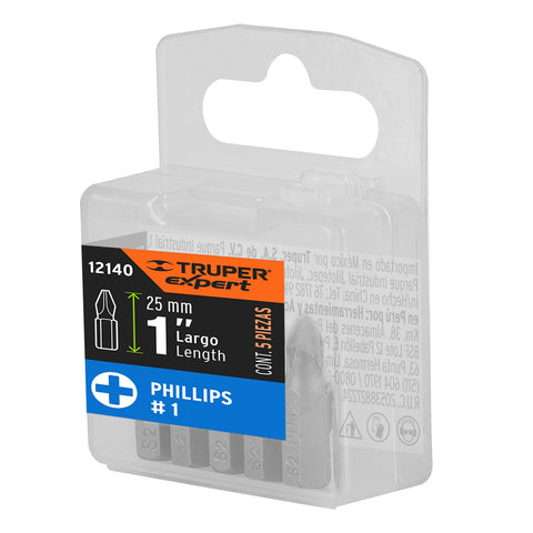 Estuche con 5 puntas de cruz PH1 largo 1', Truper Expert | PUDE-1101 | 12140