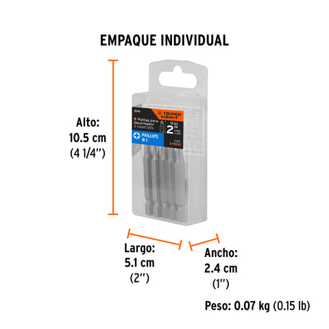 Estuche con 5 puntas de cruz PH1 largo 2', Truper Expert | PUDE-1201 | 12146