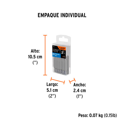 Estuche con 5 puntas de cruz PH2 largo 2', Truper Expert | PUDE-1202 | 12147