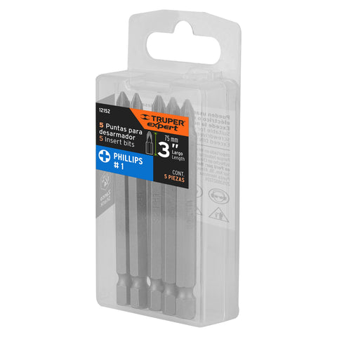 Estuche con 5 puntas de cruz PH1 largo 3', Truper Expert | PUDE-1301 | 12152