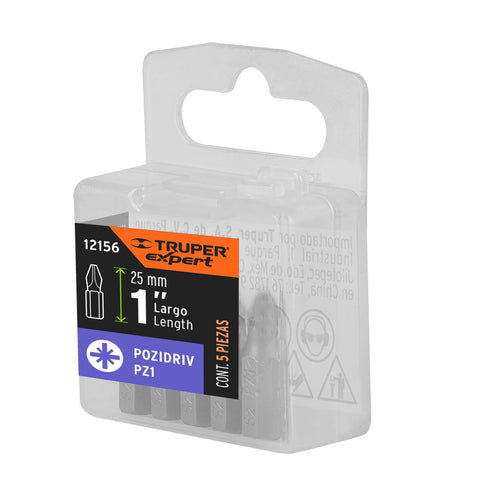 Estuche con 5 puntas pozidriv PZ1 largo 1', Truper Expert | PUDE-2101 | 12156