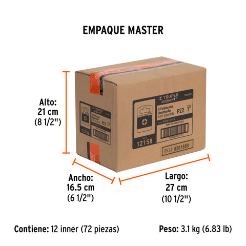 Estuche con 5 puntas pozidriv PZ2 largo 1', Truper Expert | PUDE-2102 | 12158