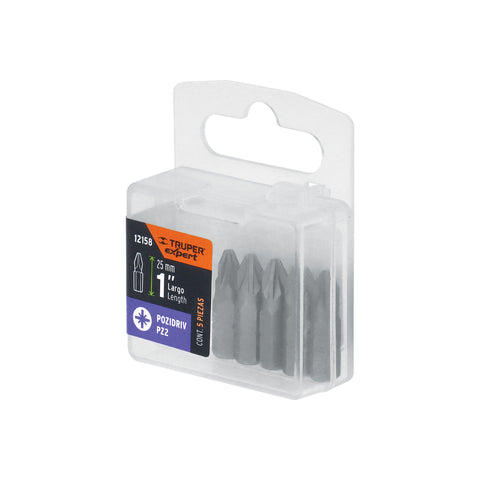 Estuche con 5 puntas pozidriv PZ2 largo 1', Truper Expert | PUDE-2102 | 12158