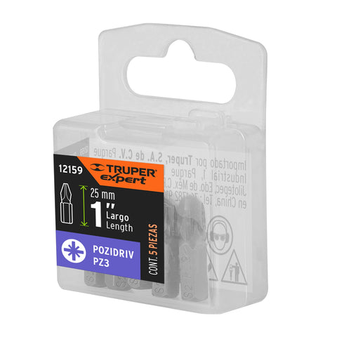 Estuche con 5 puntas pozidriv PZ3 largo 1', Truper Expert | PUDE-2103 | 12159