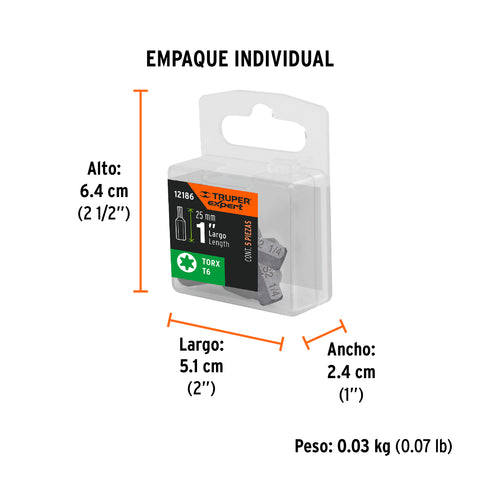 Estuche con 5 puntas torx T6 largo 1', Truper Expert | PUDE-5106 | 12186