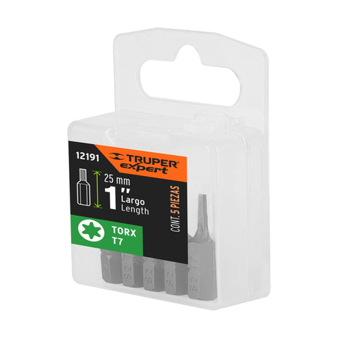 Estuche con 5 puntas torx T7 largo 1', Truper Expert | PUDE-5107 | 12191