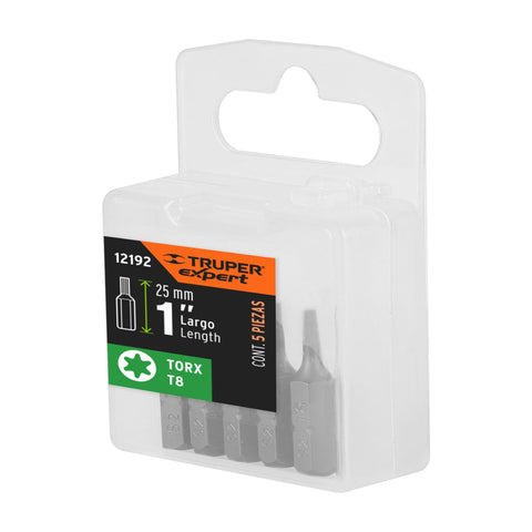 Estuche con 5 puntas torx T8 largo 1', Truper Expert | PUDE-5108 | 12192