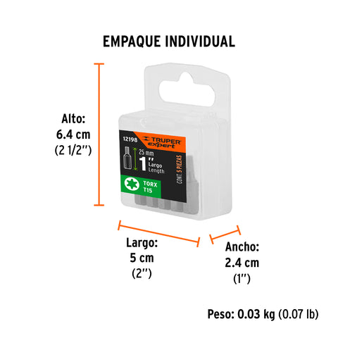 Estuche con 5 puntas torx T15 largo 1', Truper Expert | PUDE-5115 | 12198